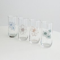 블루밍 플라워 글라스 4종 세트 375ml, 1세트, 브라운, 오렌지, 블루, 그린
