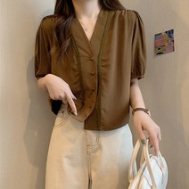 레몬소울 빅사이즈 로꼬티 브이넥 퍼프 반팔 블라우스