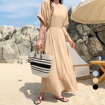 보에리에 여성용 루즈핏 브이넥 허리끈 롱 반팔 원피스