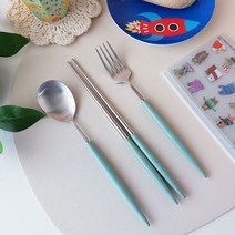 보겐 에펠 커트러리 실버 어린이 수저 포크세트, 다크그린, 숟가락 + 젓가락 + 포크