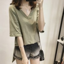 구디프 여성용 밑단슬릿 백리스 루즈 V넥 티셔츠