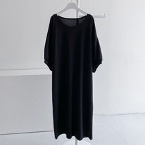 티탁 여성용 빅사이즈 데일리 루즈핏 라운드넥 무지 소매 벌룬 롱 원피스