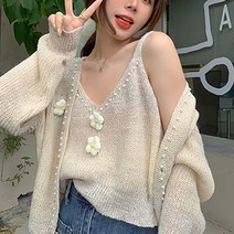 온디즈 여성용 실키한 플라워비즈 소녀감성 가디건 세트