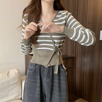 여성용 MA 스트라이프 랩 리본 니트 티