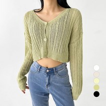 플랜데이 여성용 얇은 그물 미니 크롭 긴팔 가디건