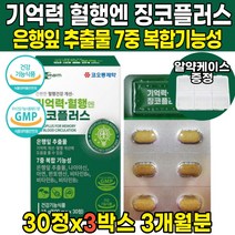 식약처 식약청 인증 인정 징코 플러스 은행잎 영양제 추출물 플라보놀배당체 플라보노이드 기억력 개선 혈행 개선 도움 비타민B1 B2 B6 아연 부모님, 30정 X 3박스 + 알약케이스
