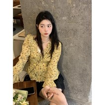 브이넥 레이스 플라워 꽃무늬 긴팔 봄 크롭 블라우스 하객 수입 루즈핏 샤랄라 SY