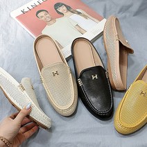 힐슈빌 여성용 1.5cm 미들굽 금장 포인트 가죽 슬리퍼 블로퍼 RE640