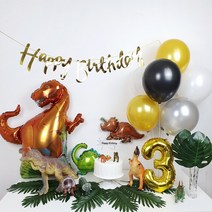 파티온 생일파티 공룡세트(가랜드+펄풍선 10개+공룡풍선), 로즈골드+티라노사우르스