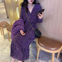 여름 원피스 하객 여성 룩 보라색 인쇄 Fishtail 드레스 봄과 가을 v-목 쉬폰 맥시 드 가운