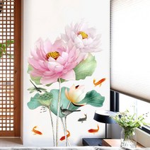 풍수 홈데코 포인트 스티커 기원연꽃 비단잉어 구어도 도벼락 꽃이 피우렴 재불운복이 온다는 벽지 pvc방수 스티커 장식 거실 데코스티커, 잉어연꽃 스티커3번