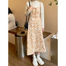 코듀로이 플라워 원피스 하객 꽃무늬 플로럴 드레스 왜 오늘 또 일어나 주황색 잔꽃 롱스커트 나시 A라인 가을겨울 이너