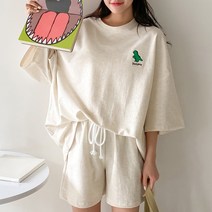 공룡 투피스 여성 트레이닝복 세트 반팔 홈웨어 세트 바지 면 빅사이즈 캠핑룩 운동복