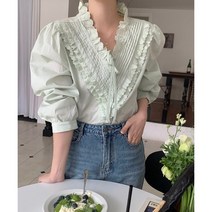[당일출고] 피스 프릴 레이스 브이넥 연두색 블라우스 셔츠