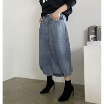 [비비애르] 베리 포켓 밴딩 청 데님 스커트 트임 항아리 데일리룩 사계절템