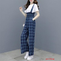 puildaug 수트 격자 끈 여성 분할 높은 허리 탄성 넓은 다리 캐주얼 바지