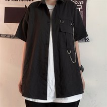 봄여름 남여 셔츠 반팔 ins 카고 셔츠 아우터에 체인 반팔 커플룩