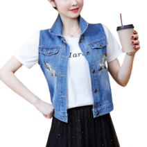 나드리 여성 데님 베스트 레이어드 슬림핏 크롭 자수 청조끼