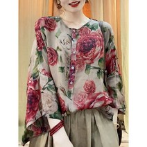 보헤미안블라우스 에스닉 자수 고귀한 스타일 장미 인쇄 셔츠 여성 여름 새로운 트렌드 라이트 럭셔리 느슨한 스키니 탑