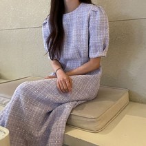 린넨 원피스 가을 롱 면 루즈핏 반팔 니트 우아한 o 넥 퍼프 보라색 격자 무늬 드레스 여성 maxi fashion korean white tweed dress robe