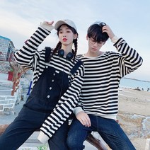 19 커플룩 스트라이프 남녀 맨투맨 여 멜빵 허리 블랙 슬랙스 커플룩