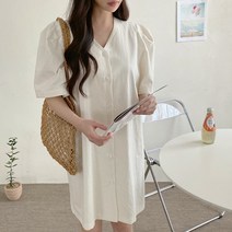 셀러허브(잡화) 여자 봄 여름 데일리 브이넥 린넨 퍼프 원피스