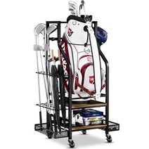 Rackgolfic 골프 가방 3개 보관 정리함 - 목재 백 스탠드 및 장비 차고 랙 가구 바구니 골프공 티 추가 클럽 디스플레이 포함, 1 golf bag rack