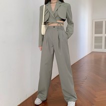 여성 이력서사진옷 면접 정장 자켓 여성 한 세련 블 재킷 &amp 높은 허리 바지 정장 넓은 다리 복장여성 여름 패션 2 피스/세트