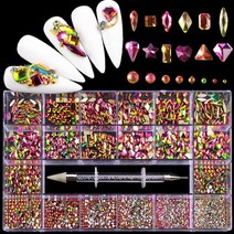 네일 2500pcs 네일 아트 라인 석 키트 박스 21 그리드 혼합 크기 세트 1pc 픽업 펜 유리 크리스탈 장식 3D, 17 Rainbow 2500pcs