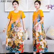 탕크 중년 여성 고급 면마 여름 롱 원피스 반팔 40대50대 라운드넥 루즈핏 빅사이즈