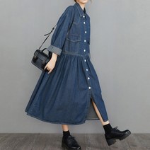 퀸앤조이 럭키 스티치 루즈핏 데님 셔츠 롱원피스