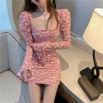 꽃 드레스 복고풍 사각 칼라 허리 스커트 2022 봄과 가을 새로운 기질 긴 소매 스커트