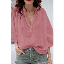 아사면 블라우스 린넨 루즈핏 블라우스2023 레저 여성 블라우스 캐주얼 루즈 솔리드 v넥 슬리브 코튼 린넨