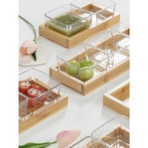 투명 유리 글라스 플레이팅 플레이터 그릇 접시 & 트레이, 1세트, 01 정사각2 +우드트레이