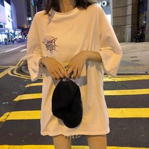 후드티 티셔츠 롱티 노브라티 영문 프린팅 박시 티셔츠 여자 라운드넥 반팔 패션 (다올샵)_789EA