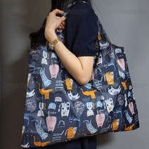 센스집 휴대용 접이식 빅사이즈 장바구니 L 1차 시장가방 에코백, 네이비 힐링고양이, 1p