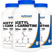 아미노산 Nutricost Acetyl L-Carnitine 500mg 아세틸 L-카르니틴 노화방지, 180정 x 3병, 3개