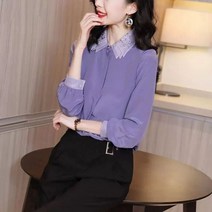 봄 여름 여성 쉬폰 턴 다운 칼라 블라우스 레이디 셔츠 캐주얼 퍼플 탑
