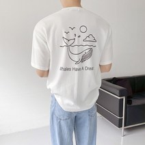 여름 바다 고래 프린팅 오버핏 반팔 티셔츠