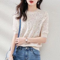 스타일아유 레이스 프릴 반팔 티셔츠 여성 여름 펀칭 꽃자수 얇은니트 캐주얼 시원한