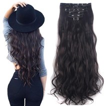 [정품] LELINTA 7피스 클립 16개 61cm(24인치) 웨이브 컬리 풀 헤드 클립, Dark Brown