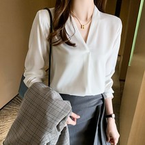 넷투넷코리아 여성 V넥 블라우스 긴팔 오피스 기본 심플 하객룩
