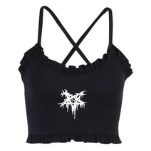 여성 고딕 스파게티 스트랩 카미솔 스타 프린트 프린 러프 트림 홀터 크롭 탑