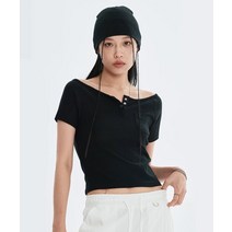 디어미 슬림 보트넥 스냅 포켓 티셔츠 블랙