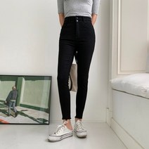 옷자락 여자 하이웨이스트 스키니 블랙진 투버튼 면바지