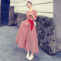 요나걸 여성 원피스 드레스 롱원피스 잔잔한 스트라이프 무늬 브이넥 복고풍 스타일 햅번스타일 여행룩 반팔원피스 로맨틱한 감성 러블리한 디테일 + 양말증정