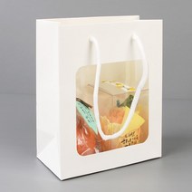 화이트 소 투명창쇼핑백 종이가방 손잡이종이봉투 꽂집 다회용백 선물용 튼튼한 답레품, 기본