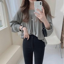 SJW 봄가을 스퀘어넥 블라우스 셔링 무지 긴팔 풀오버 남방셔츠 빅사이즈여성의류