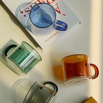 1+1 컬러 아이스커피잔 손잡이 이중내열유리컵 250ml, 그린, 블루