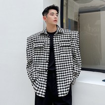벨트추가 남성 코트 연예인 재킷 와이드 숄더 봄 보세 유니크한 체크 핸드메이드 남친룩 패션 코디 HA129012